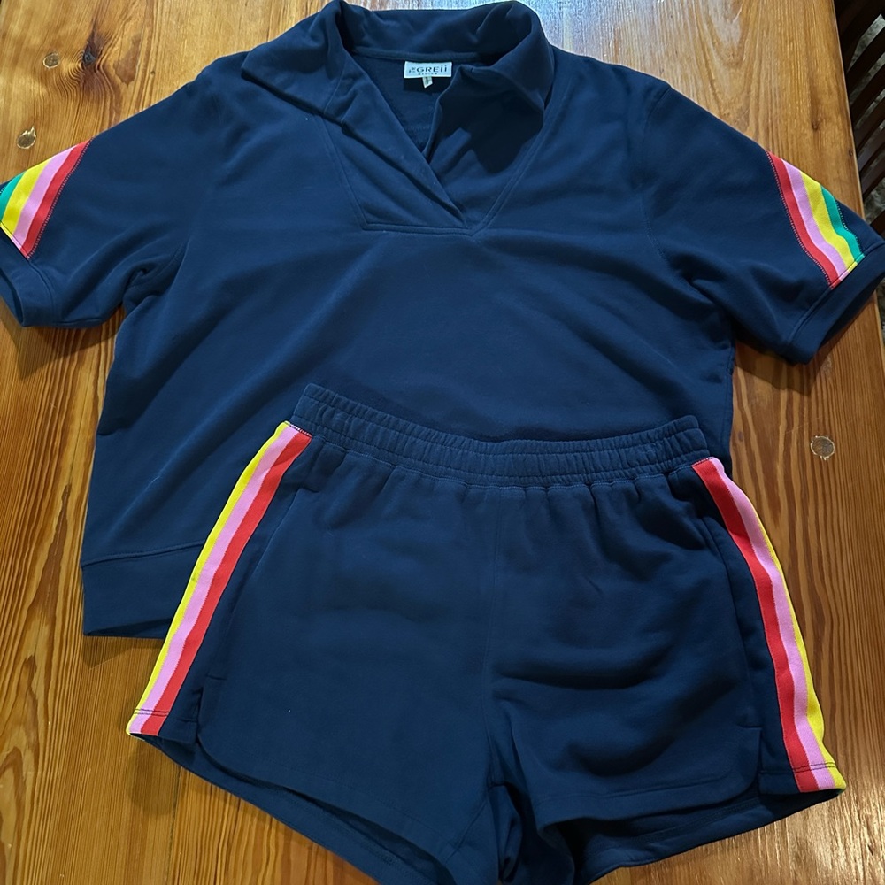 The Greii 2 pieces navy set with back detail on top and side detail on shorts!